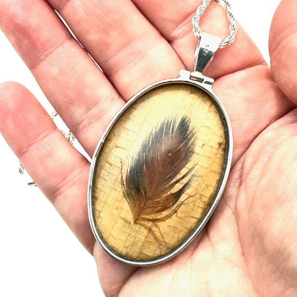 Southwest Style Feather Design 2.5 Inch Pendant Sterling Silver 24 Inch Chain - Picture 3 of 3